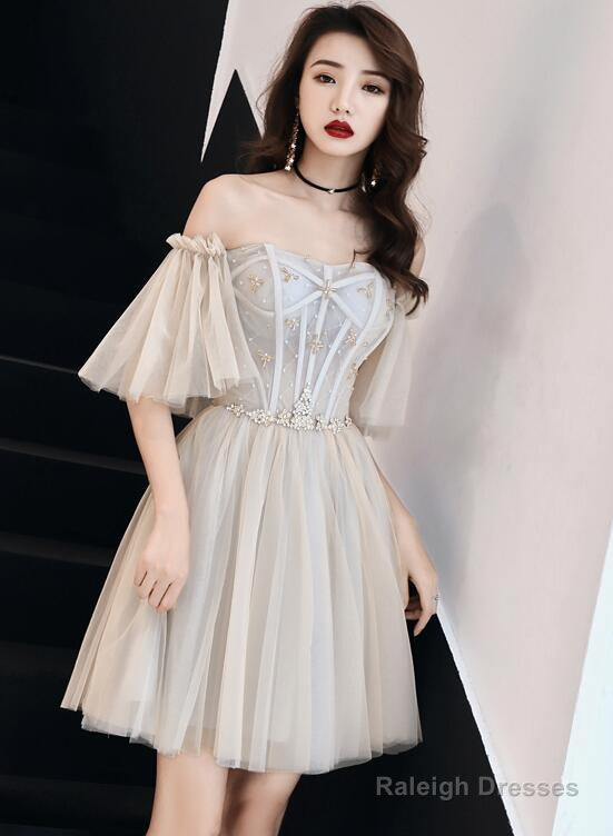 Light Champagne Tulle Beaded Sweetheart Homecoming Dresses Short Prom Dresses Main image