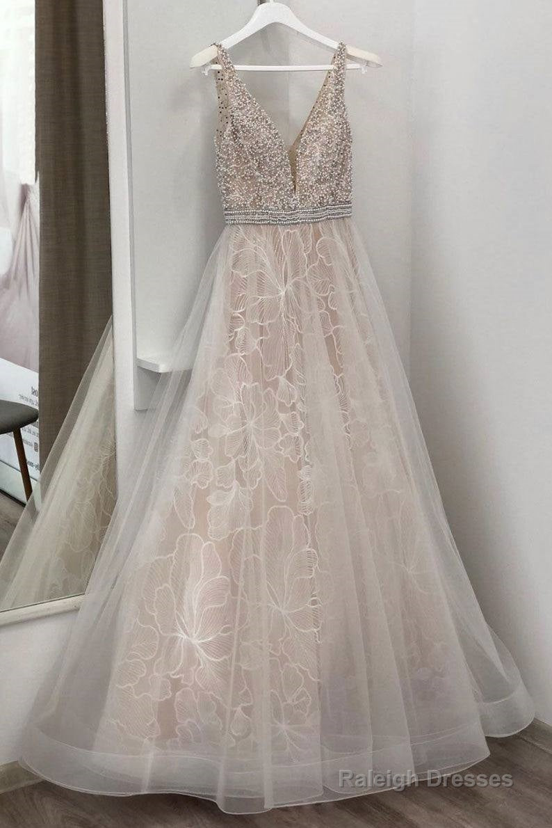 Light Champagne Tulle Beads Long Prom Dress, Tulle Evening Dress Main image