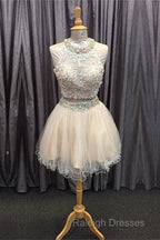 Light Champagne Tulle Lace Beading Homecoming Dresses Two Piece Style