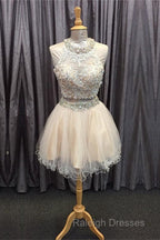 Light Champagne Tulle Lace Beading Homecoming Dress Two Piece Style