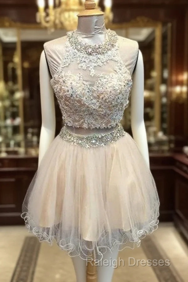Light Champagne Tulle Lace Beading Homecoming Dresses Two Piece Style