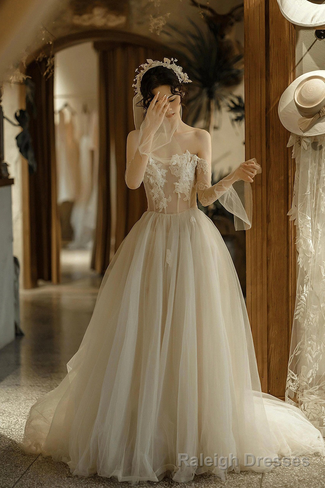 Light Champagne Tulle Lace Long Prom Dress, A-Line Strapless Evening Party Dress Main image