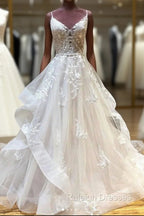 Light Champagne Tulle Lace Long Prom Dress Lace Long Wedding Dress