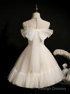 Light Champagne Tulle Short Prom Dress, Puffy Tulle Lace Homecoming Dress