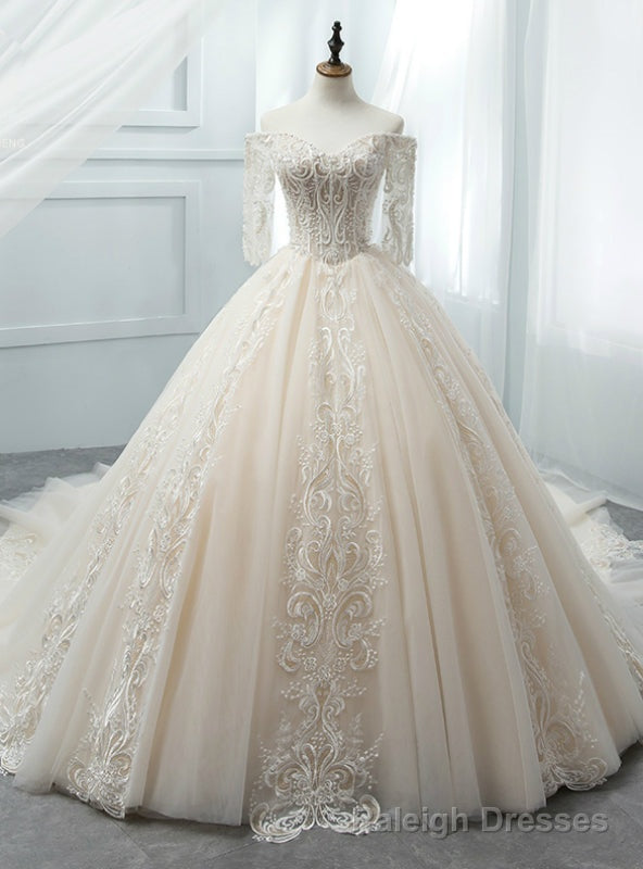 Light Champagne Tulle Short Sleeve Wedding Dress With Beading Main image