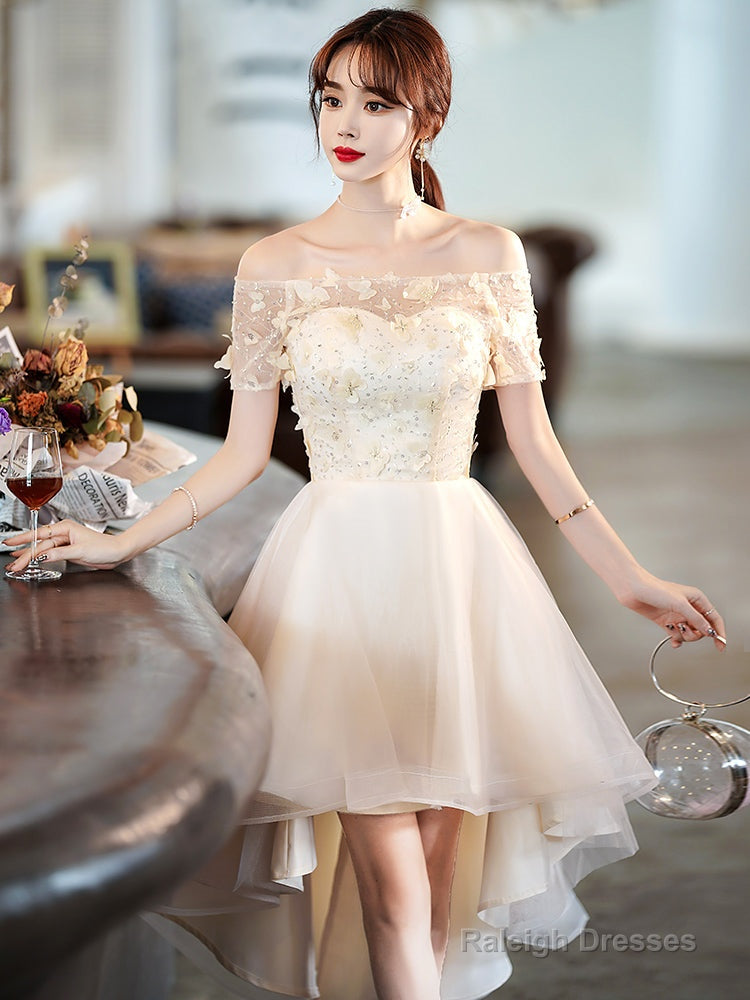 Light Champagne Tulle Short Sleeves High Low Homecoming Dresses Short Prom Dresseses