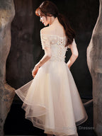 Light Champagne Tulle Short Sleeves High Low Homecoming Dresses Short Prom Dresseses