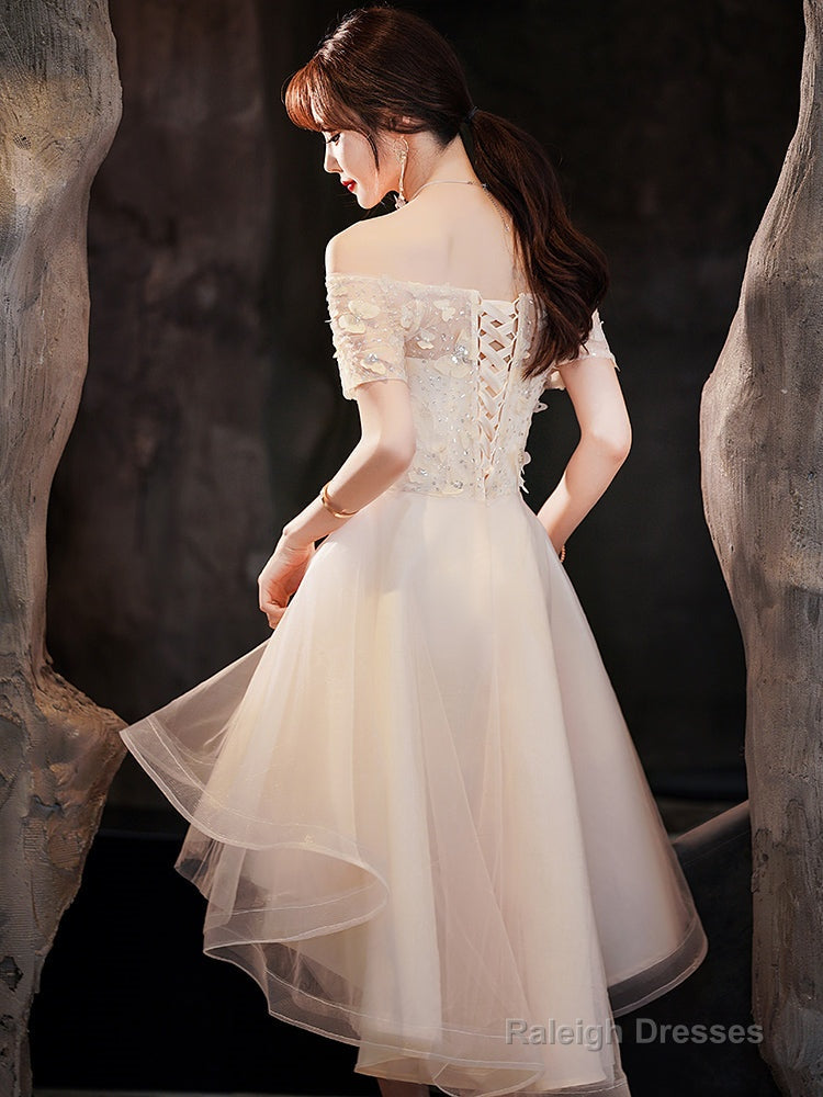 Light Champagne Tulle Short Sleeves High Low Homecoming Dresses Short Prom Dresseses