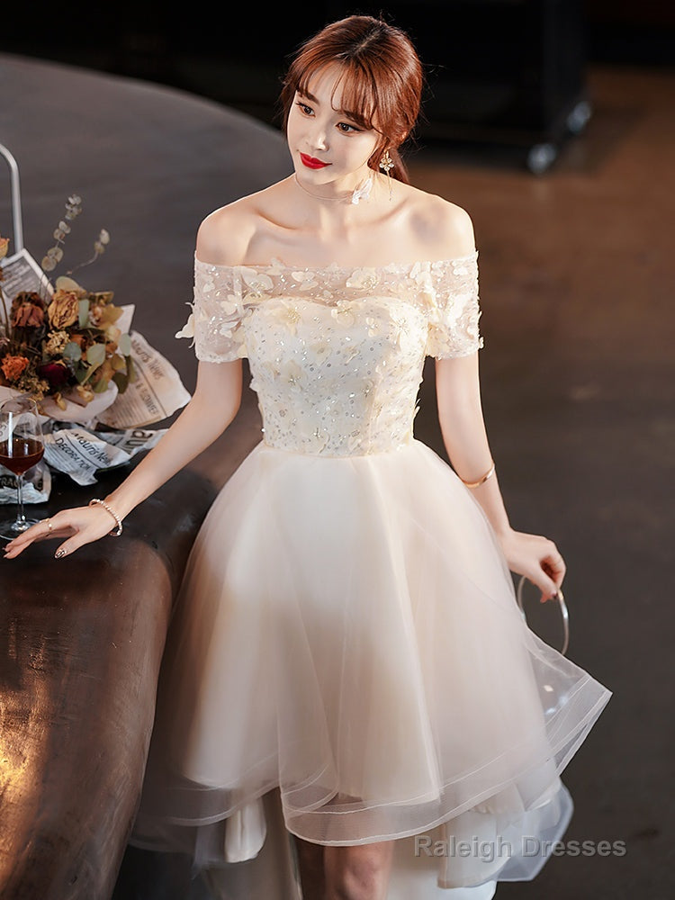 Light Champagne Tulle Short Sleeves High Low Homecoming Dresses Short Prom Dresseses