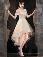 Light Champagne Tulle Short Sleeves High Low Homecoming Dresses Short Prom Dresseses