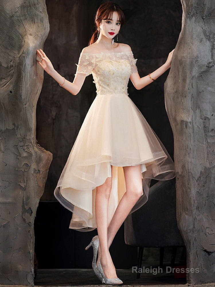 Light Champagne Tulle Short Sleeves High Low Homecoming Dresses Short Prom Dresseses