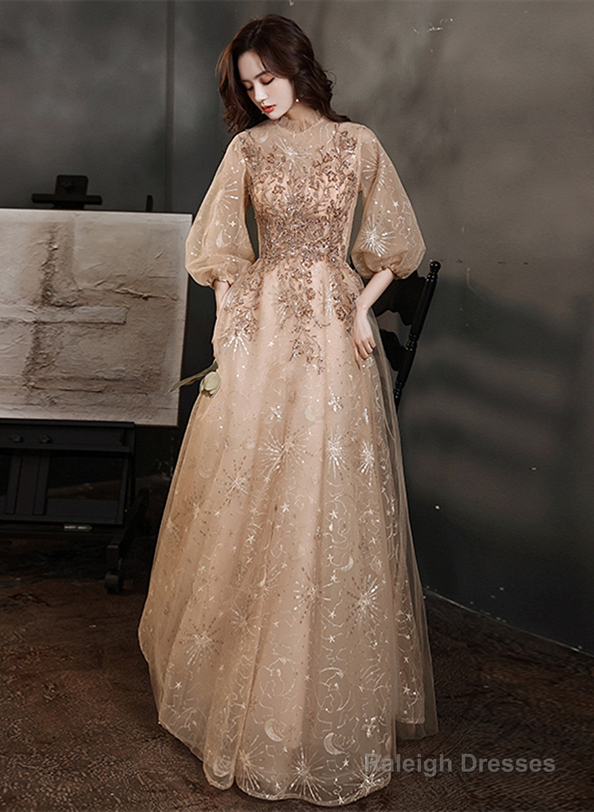 Light Champagne Tulle With Lace Long Party Dress, A-Line Tulle Puffy Sleeves Prom Dress
