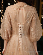 Light Champagne Tulle With Lace Long Prom Dresses A-Line Tulle Puffy Sleeves Prom Dresses