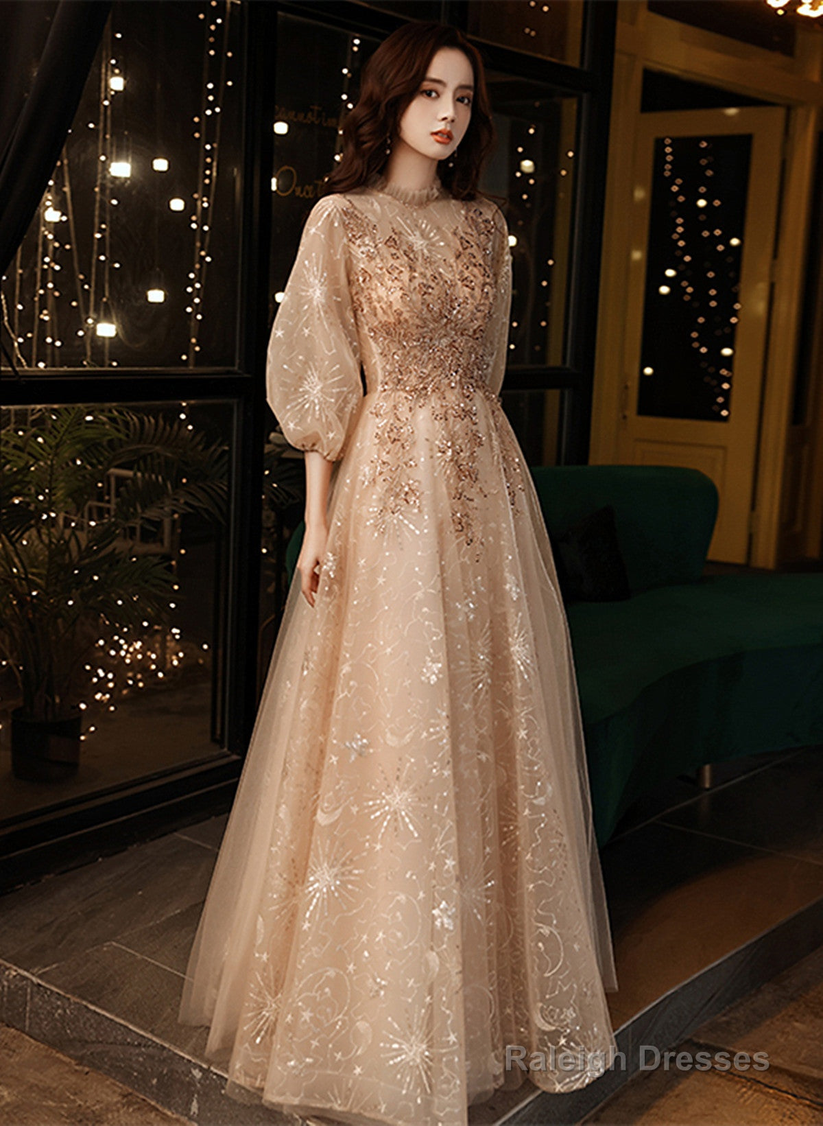 Light Champagne Tulle With Lace Long Party Dress, A-Line Tulle Puffy Sleeves Prom Dress Main image