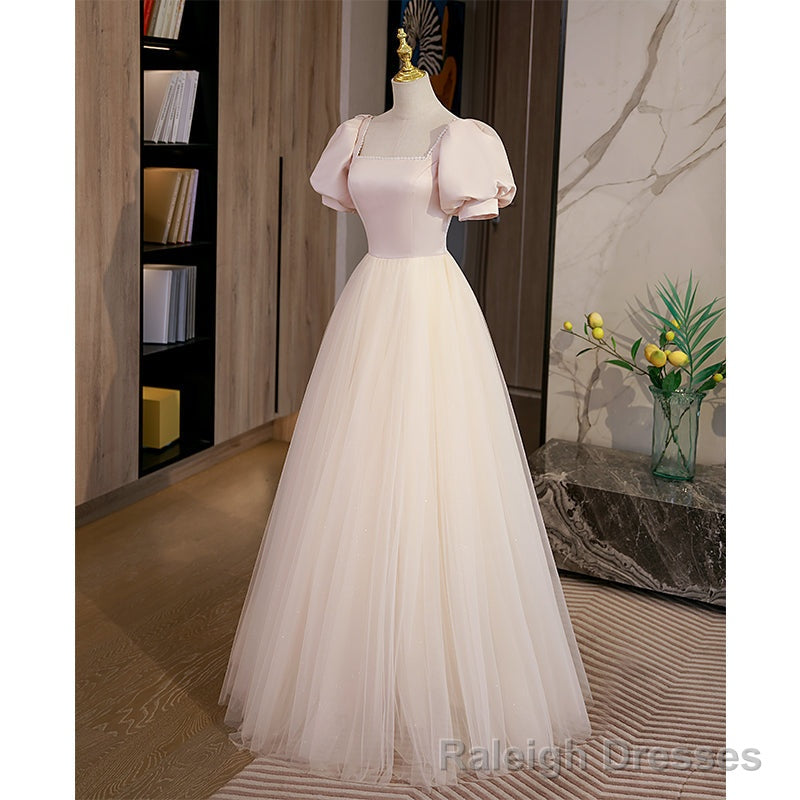 Light Champagne Tulle with Light Pink Satin Prom Dress, A Line Long Formal Dress Main image