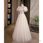 Light Champagne Tulle with Light Pink Satin Prom Dress, A Line Long Formal Dress