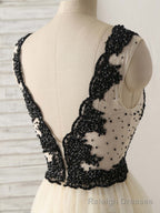 Light Champagne V Neck Beads Tulle Long Prom Dress, Champagne Formal Dress