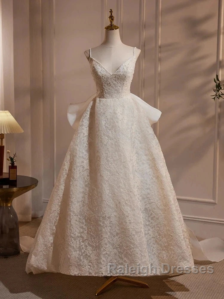 Light Champagne V-Neck Lace Prom Dresses Long Weeding Dresses