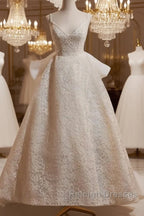 Light Champagne V-Neck Lace Prom Dresses Long Weeding Dresses