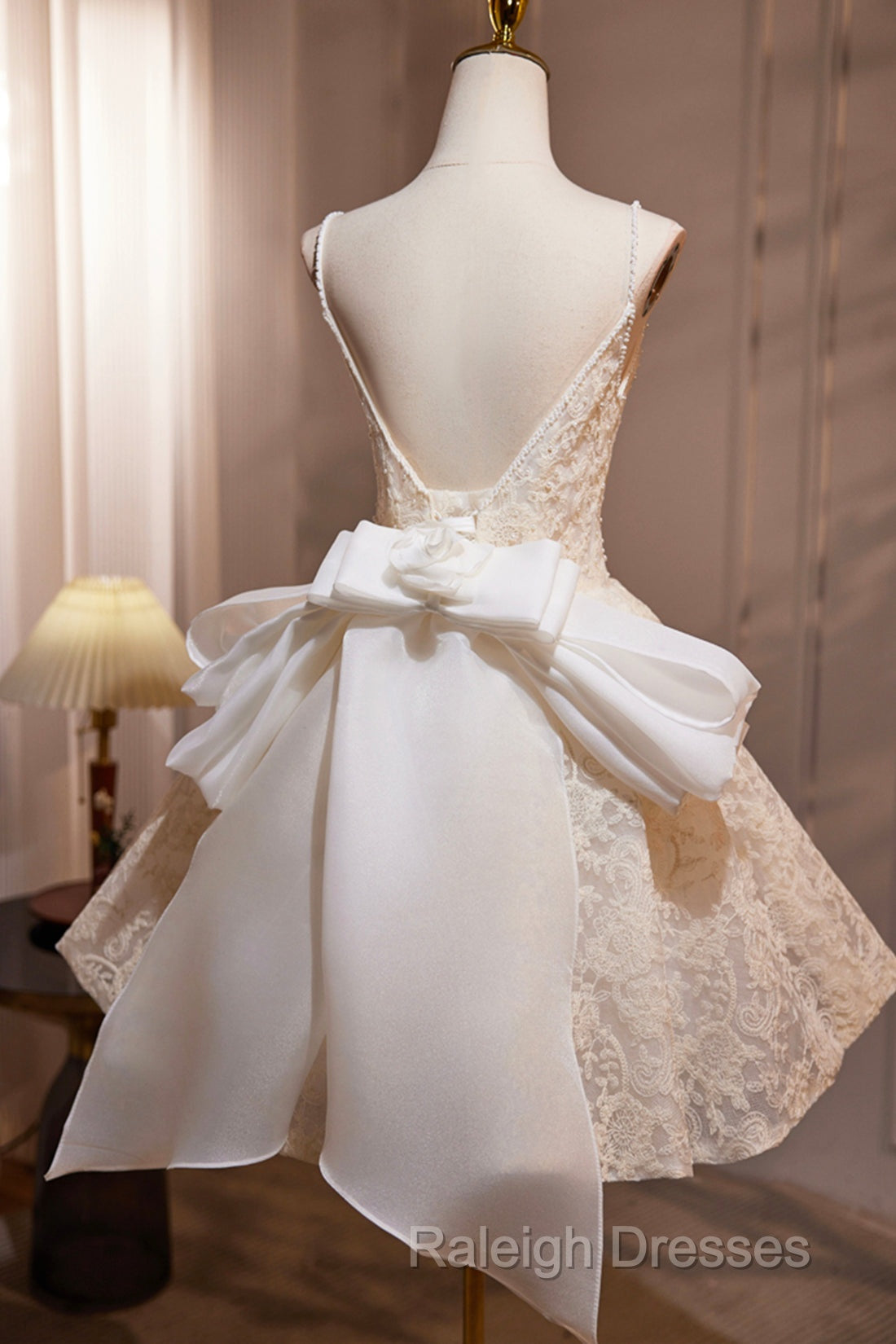 Light Champagne V-Neck Lace Short Prom Dress, A-Line Spaghetti Straps Backless Party Dress With Bow Secondary image
