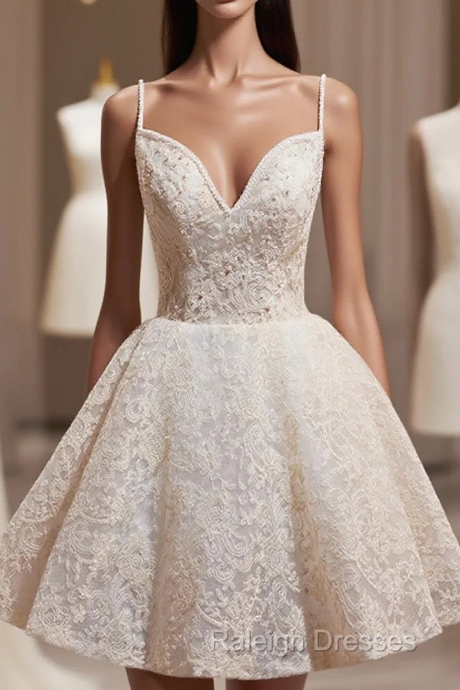 Light Champagne V-Neck Lace Short Prom Dress, A-Line Spaghetti Straps Backless Party Dress With Bow Main image