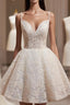Light Champagne V-Neck Lace Short Prom Dresses A-Line Spaghetti Straps Backless Prom Dresses With Bow
