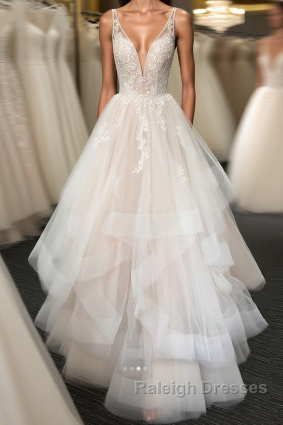 Light champagne v neck tulle lace long prom dress, wedding dress