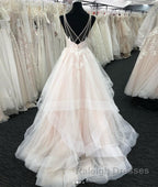 Light champagne v neck tulle lace long prom Dresses wedding Dresses