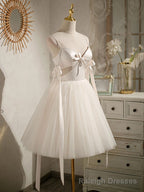 Light Champagne V neck Tulle Short Prom Dress, Tulle Puffy Homecoming Dress