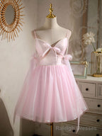 Light Champagne V neck Tulle Short Prom Dress, Tulle Puffy Homecoming Dress