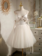 Light Champagne V neck Tulle Short Prom Dress, Tulle Puffy Homecoming Dress