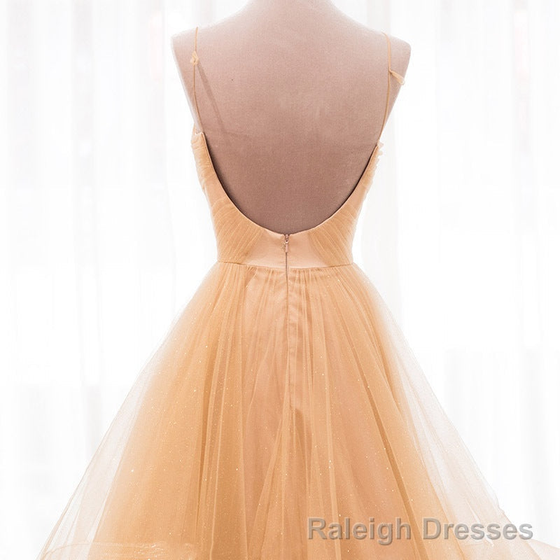 Light Champagne V-neckline Layers Straps Shiny Tulle Party Dress, Champagne Evening Gown Formal Dress