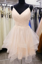 Light Champagne V Neckline Straps Homecoming Dress, Tulle Short prom Dress Graduation Dress