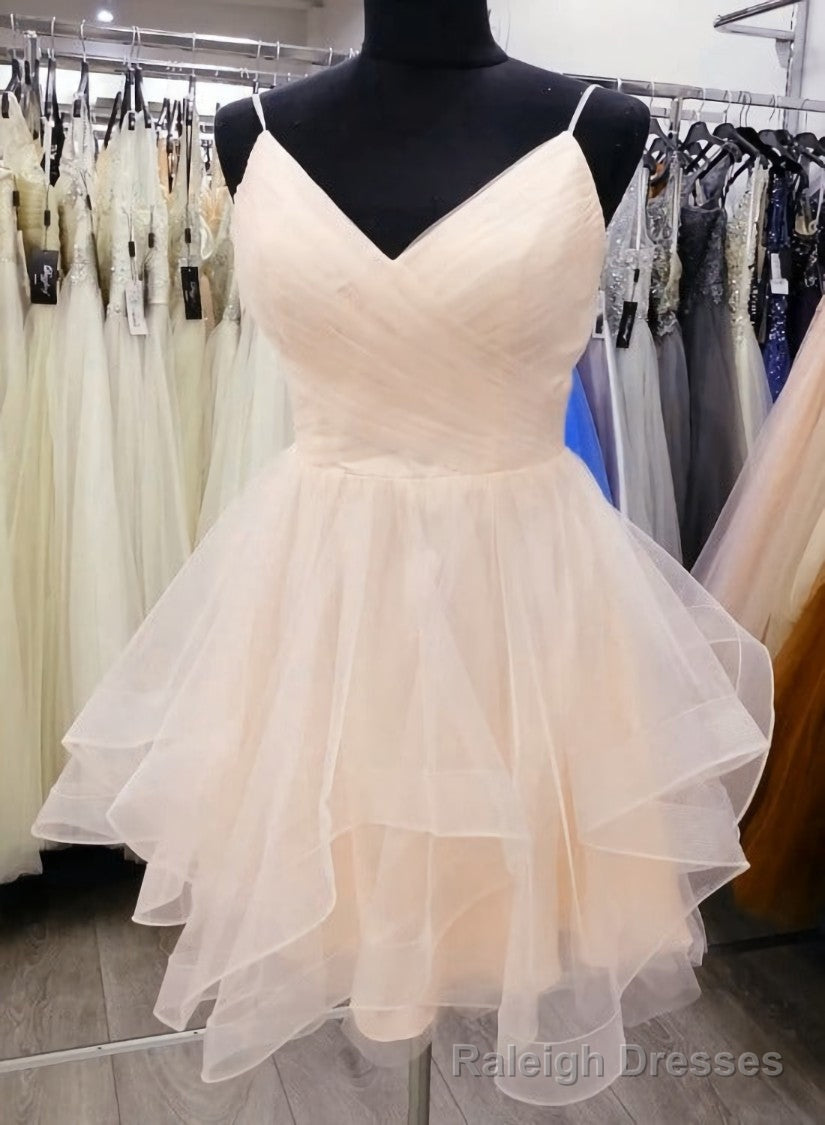 Light Champagne V-neckline Straps Homecoming Dress, Tulle Short prom D