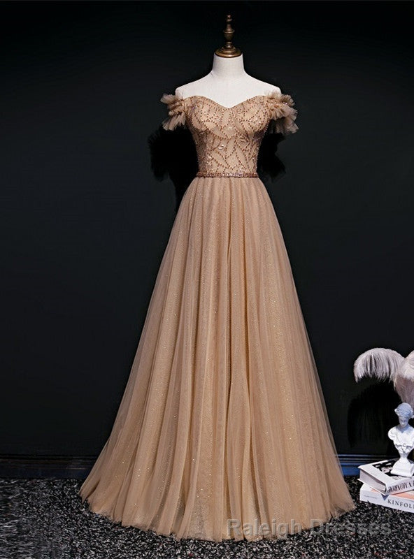 Light Coffee Tulle Sequins Off the Shoulder Beading Prom Dress