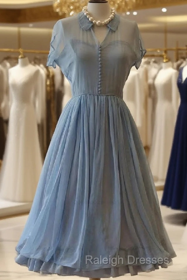 Light Dresses, Chiffon Elegant A Line Doll Collar Short Sleeves Homecoming Blue Chiffon Vintage Style Dress Main image