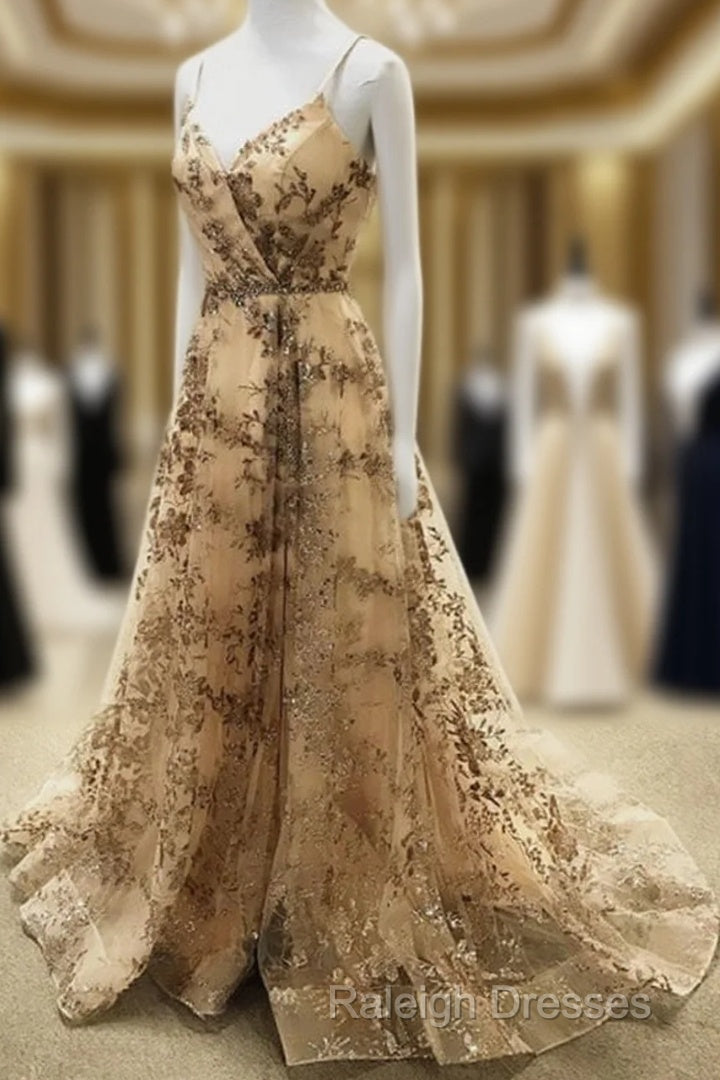 Light Gold Sequin Pattern Prom Dresses V Neck Split Main image