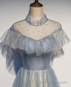 Light Gray Blue Tulle Lace Long Prom Dress, Gray Blue Tulle Prom Dress