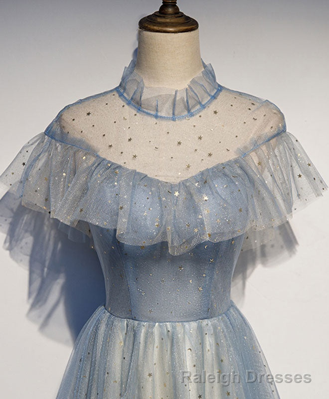 Light Gray Blue Tulle Lace Long Prom Dress, Gray Blue Tulle Evening Dress Secondary image