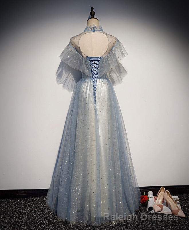 Light Gray Blue Tulle Lace Long Prom Dress, Gray Blue Tulle Prom Dress