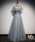 Light Gray Blue Tulle Lace Long Prom Dress, Gray Blue Tulle Prom Dress