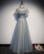 Light Gray Blue Tulle Lace Long Prom Dress, Gray Blue Tulle Prom Dress