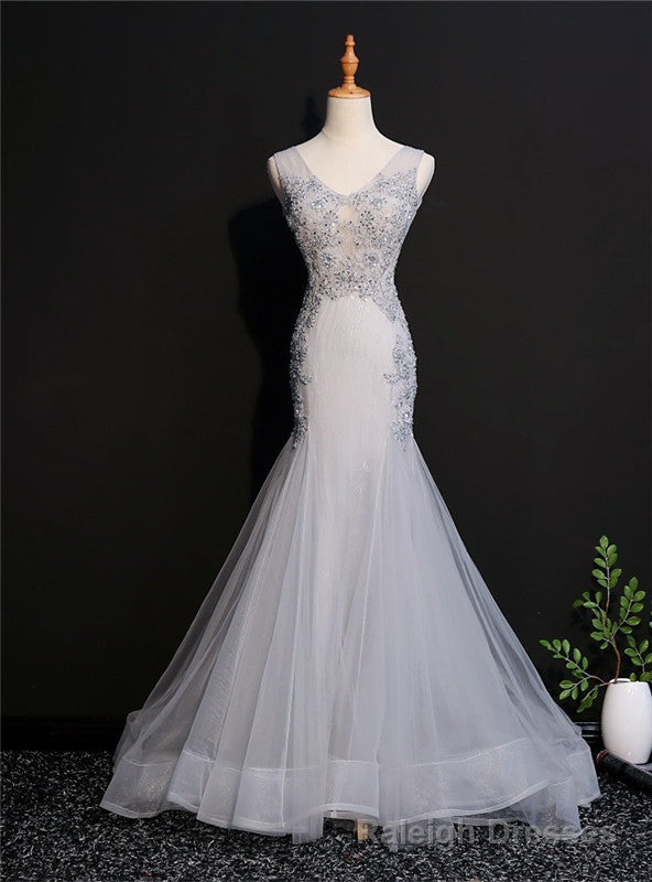 Light Gray Mermaid Tulle V Neck Appliques Beading Prom Dress