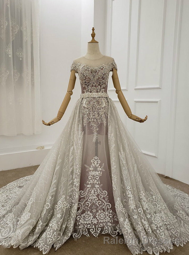 Light Gray Tulle Appliques Beading Cap Sleeve Wedding Dress Removable Train