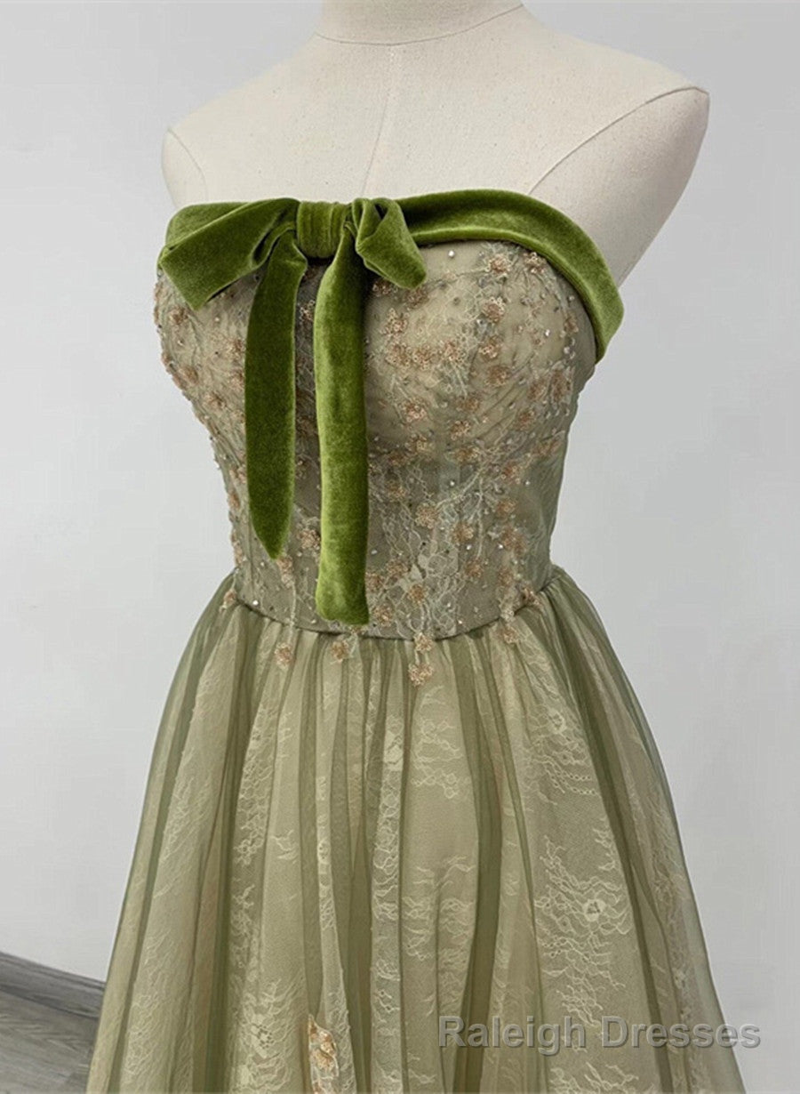 Light Green A Line Sweetheart Long Formal Dress, Green Lace Prom Dress