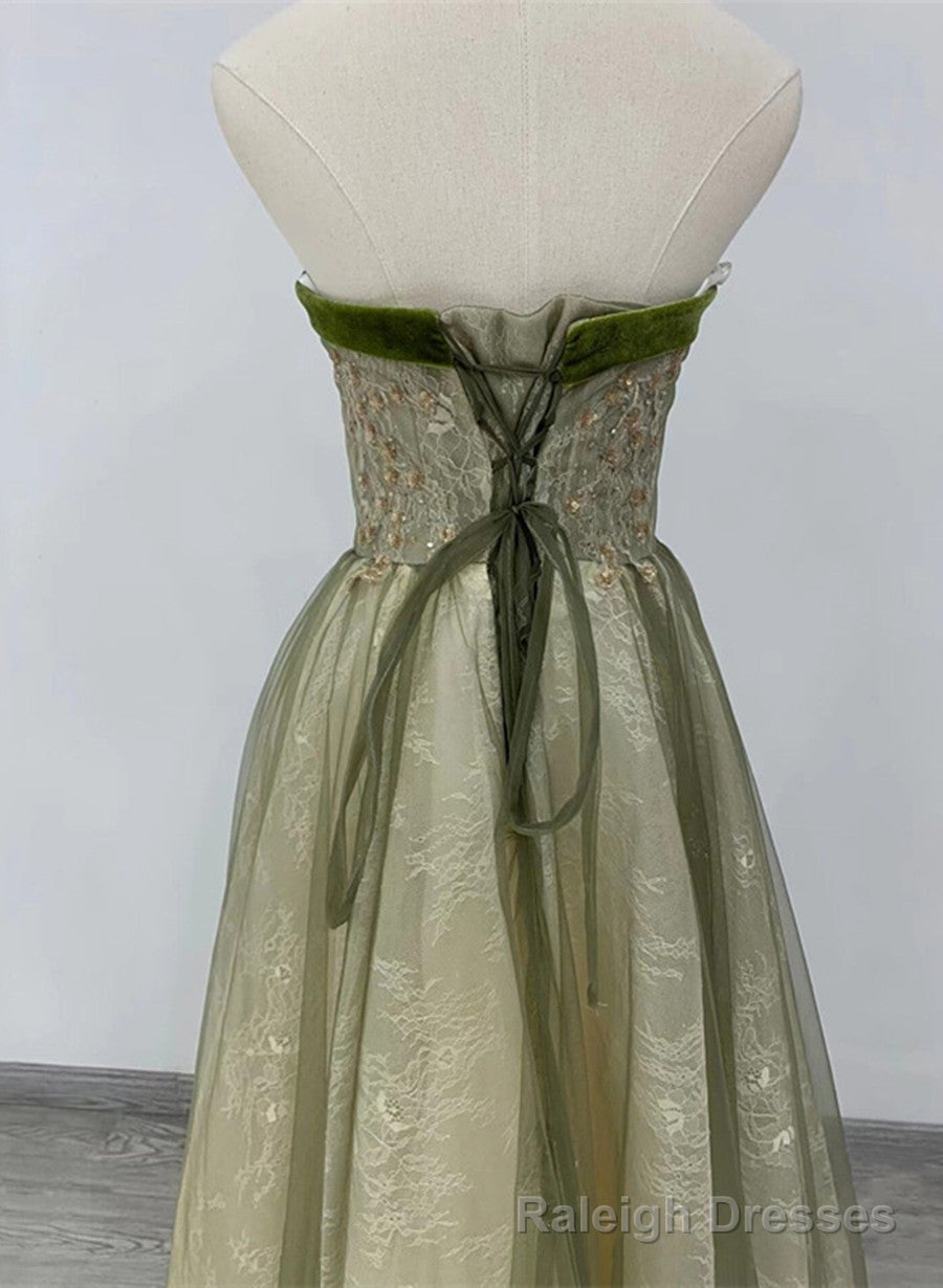 Light Green A-line Sweetheart Long Formal Dress, Green Lace Prom Dress Secondary image
