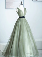 Light Green A-Line Tulle V-Neckline Long Formal Dress, A-Line Floor Length Prom Dress