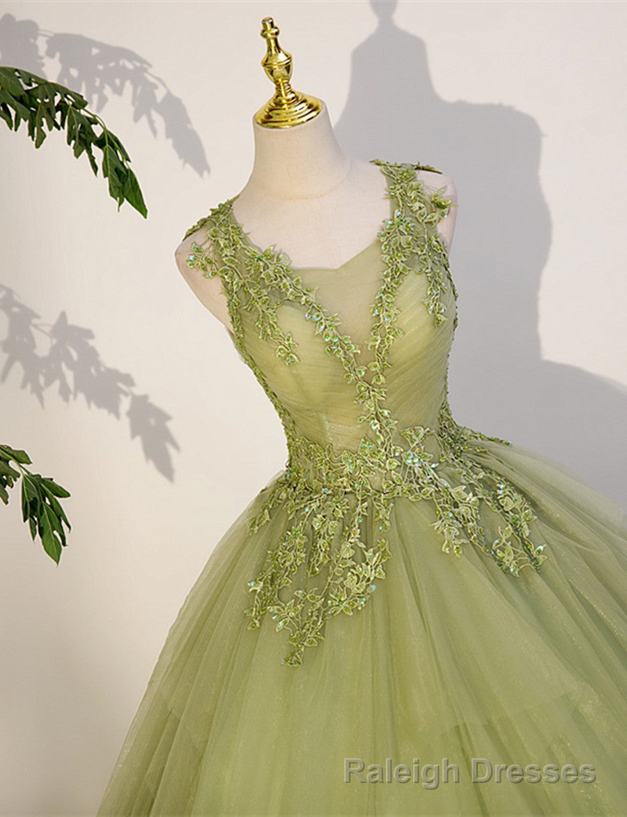 Light Green A Line Tulle with Lace Applique Prom Dress, Green Formal Dress