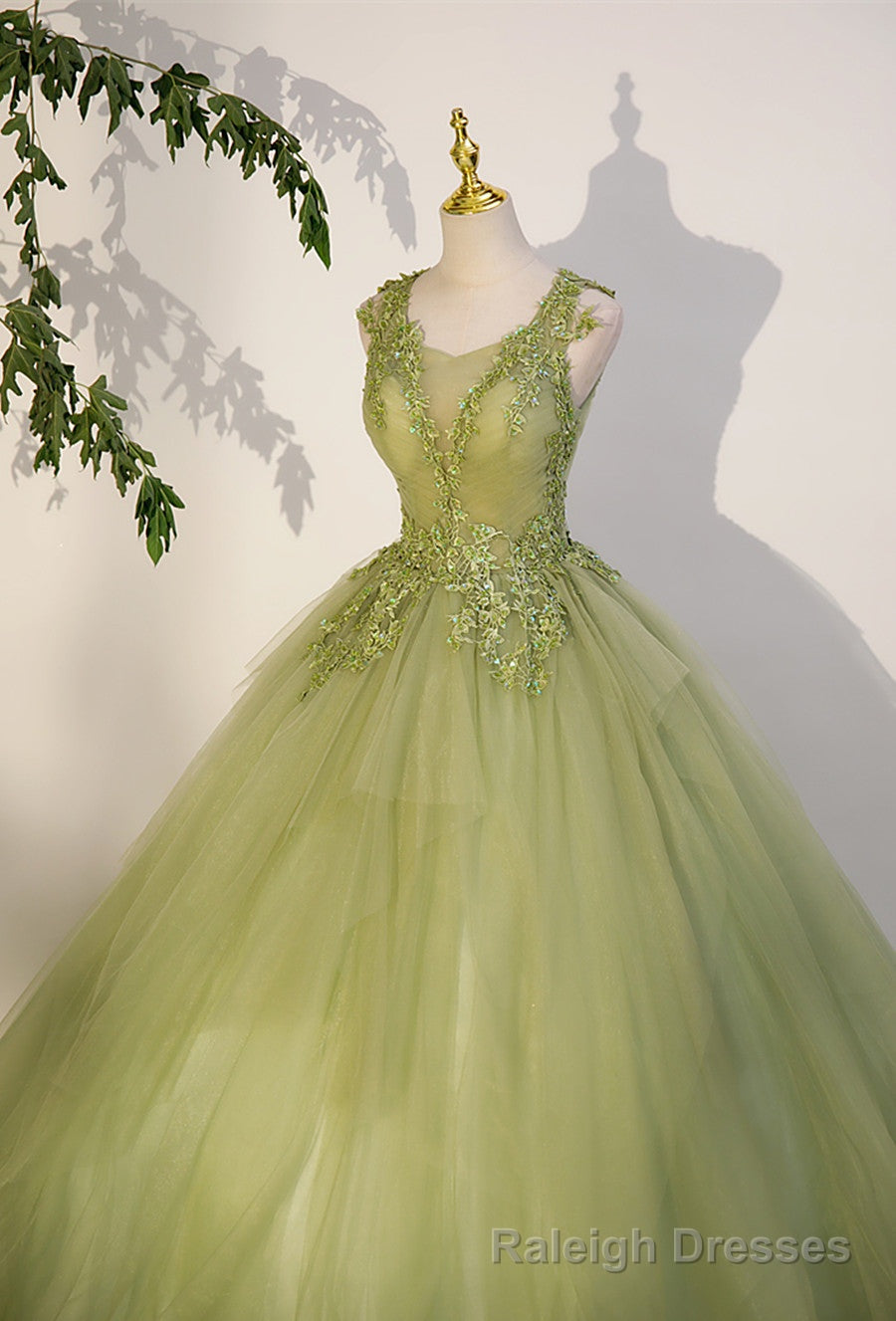 Light Green A Line Tulle with Lace Applique Prom Dress, Green Formal Dress Secondary image