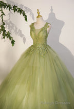 Light Green A Line Tulle with Lace Applique Prom Dress, Green Formal Dress